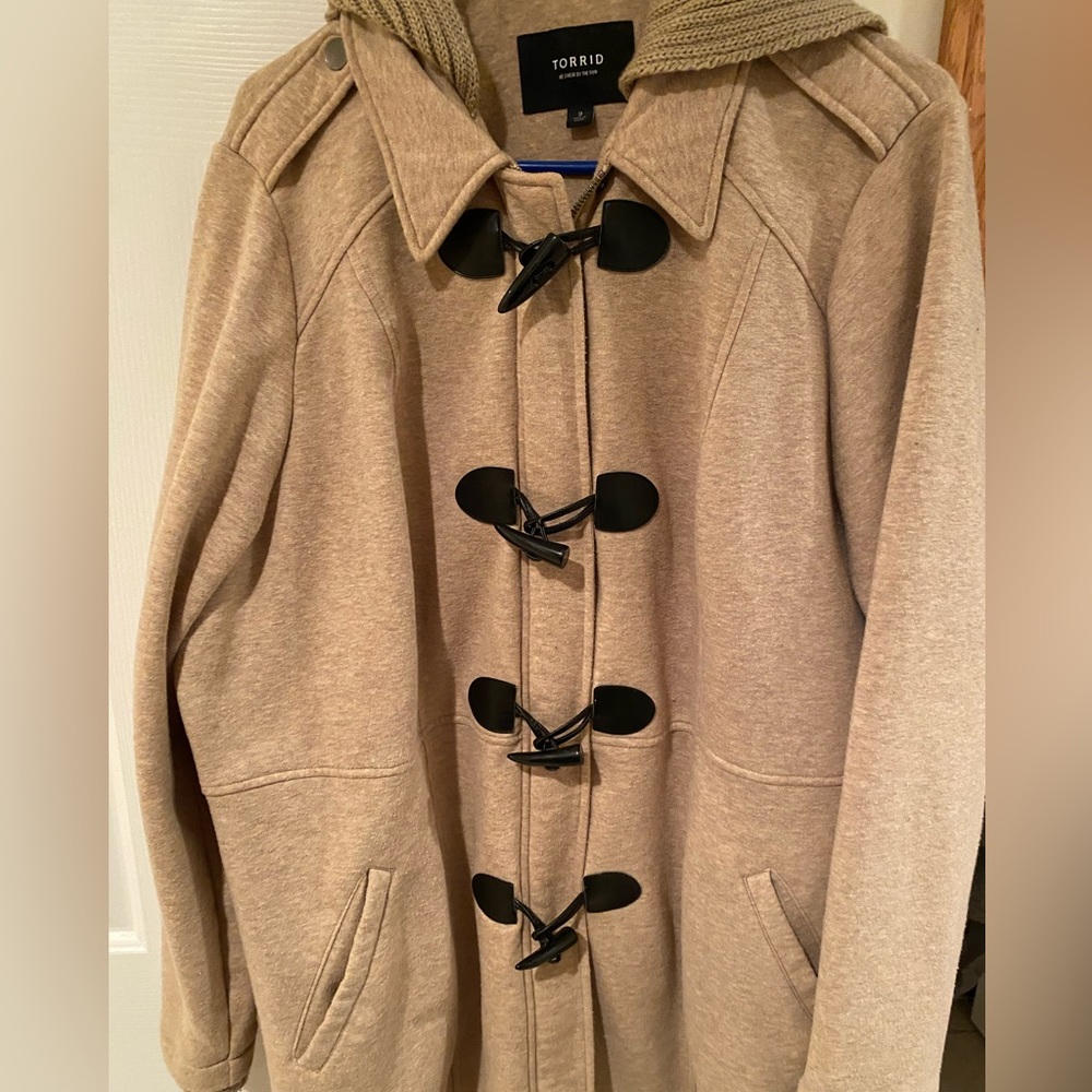 Tan Torrid winter coat with black toggles